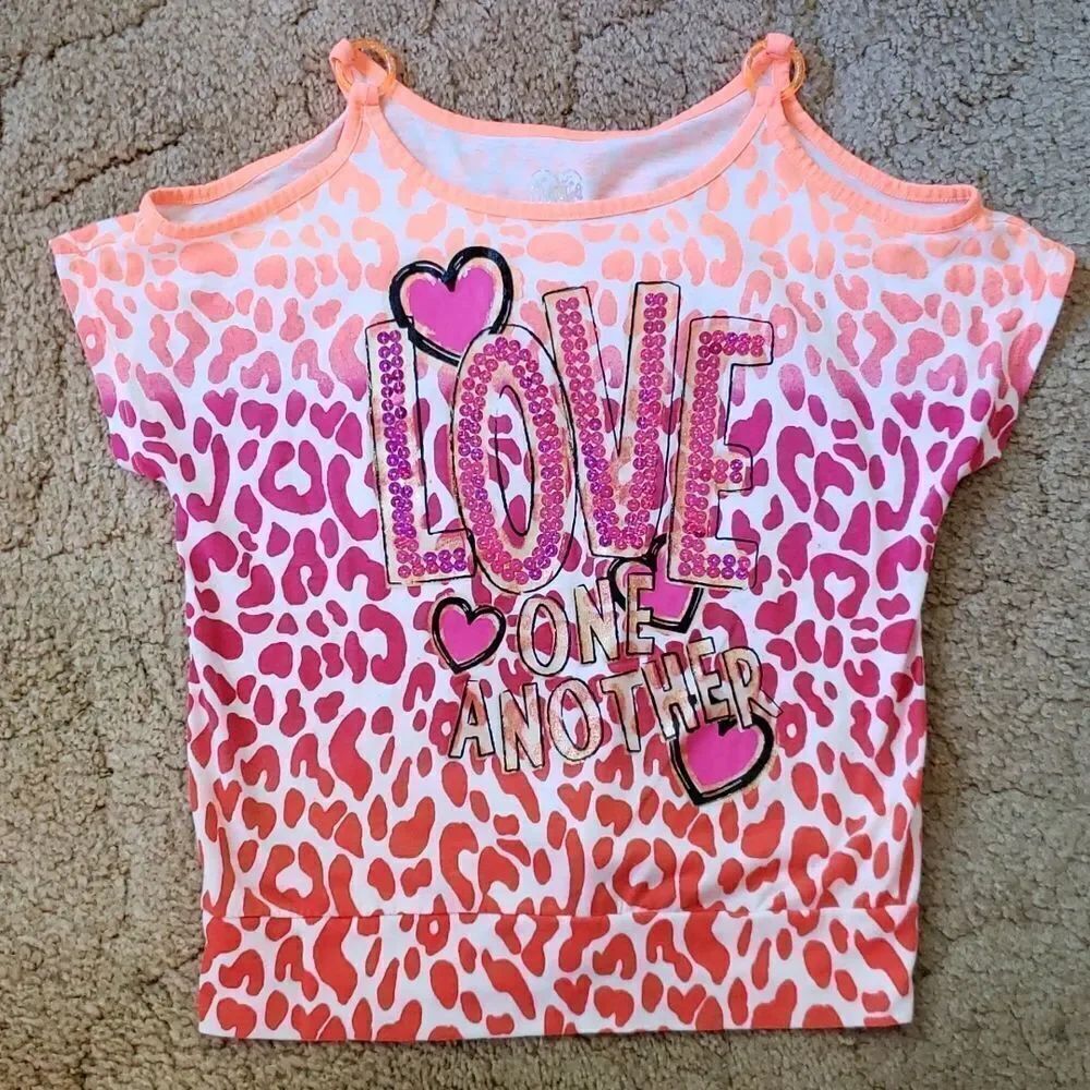 EUC Cute Justice Cold Shoulder Pink Orange Animal Print "Love One Another" Sz 12